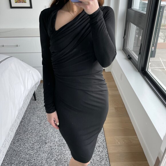 David Meister Asymmetrical Neck Sheath Dress Black 2 - Picture 1 of 7